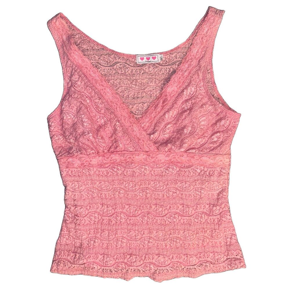 Vintage Trixxi Pink Lace Tank Top Womens XL V-Neck Cami Y2K Coquette Made in USA